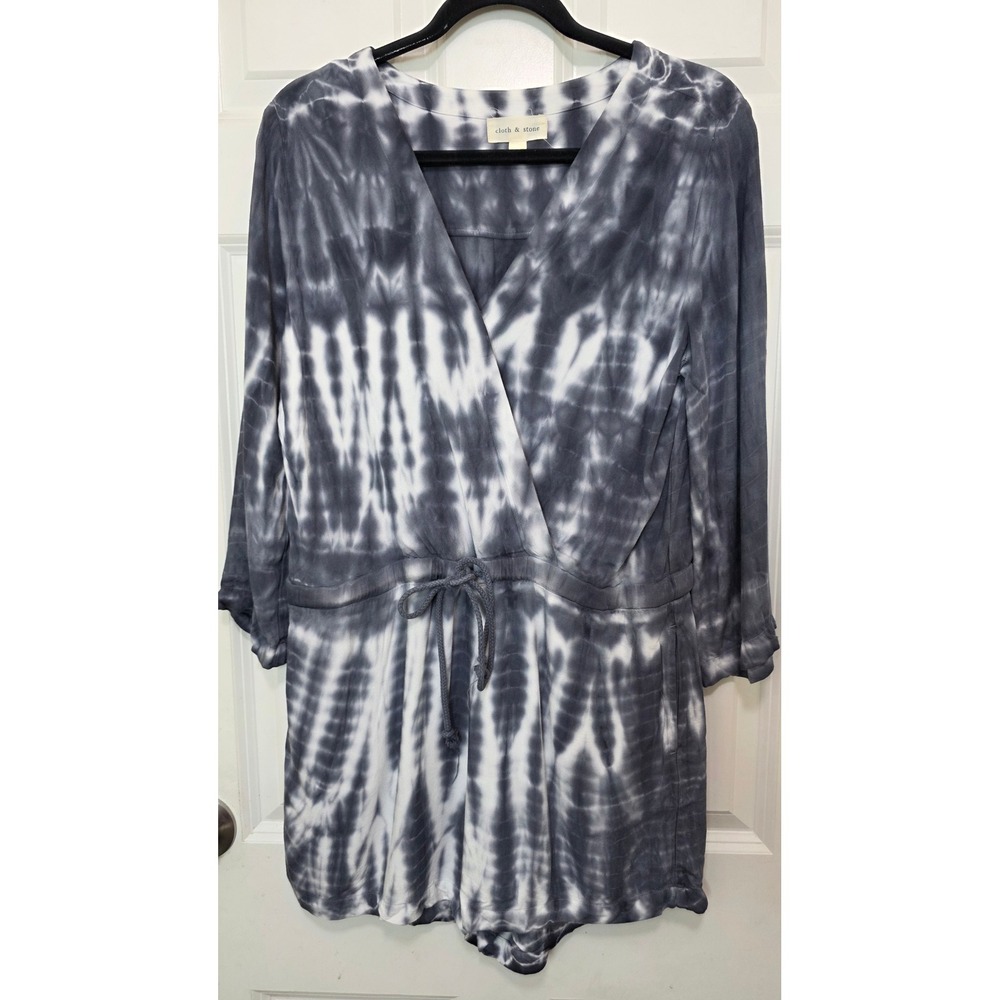 Cloth & Stone Romper Women M Gray White Tie Dye Surplice‎ V-Neck Boho Summer